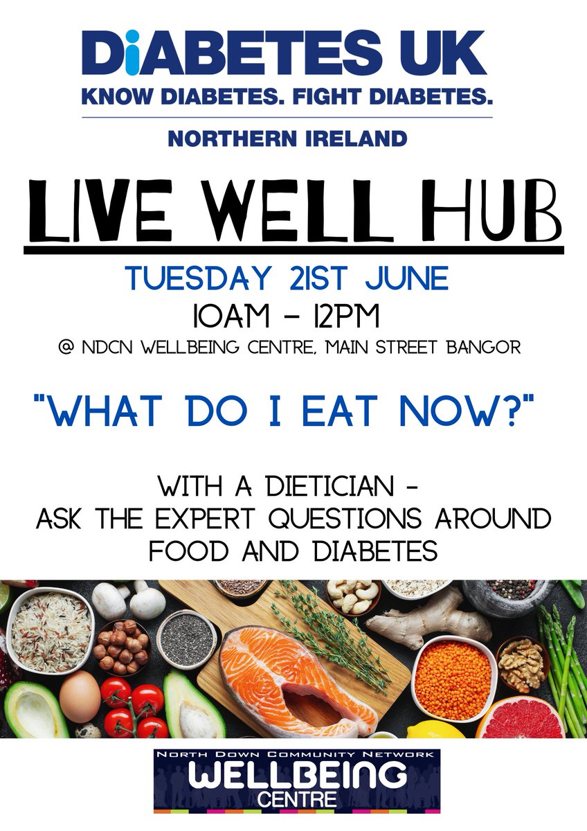 NDCN_Bangor's tweet photo. Our next @DiabetesUKNI Live Well Hub will take place here on Tuesday 21st June 10am - 12pm.  As before, anyone living with #diabetes or supporting someone with Diabetes should attend to find out more info!  A dietician will also be in attendance to ask any questions! https://t.co/fLsul8yiii