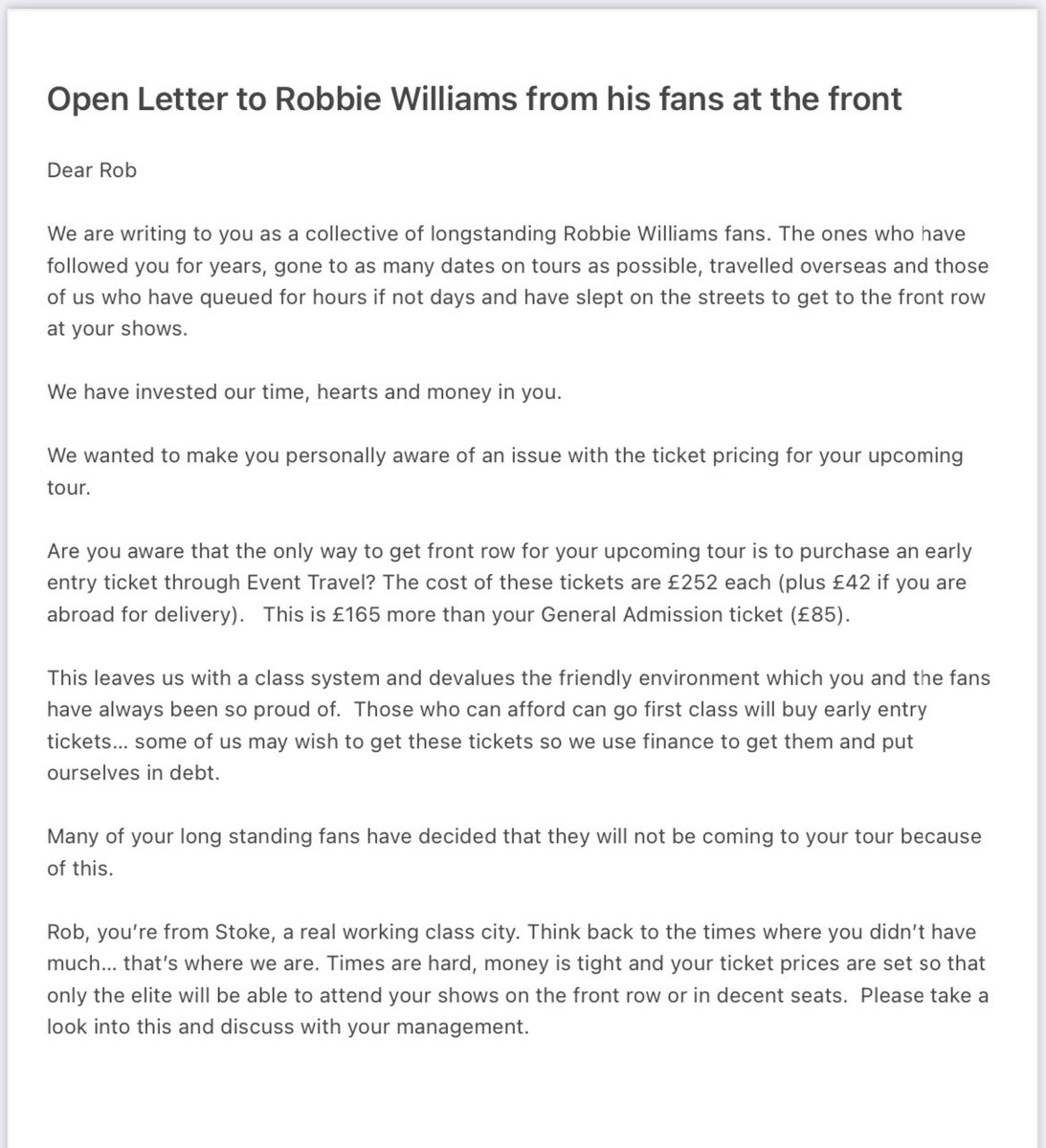 zoeengland2000's tweet photo. An open letter to @robbiewilliams from your long standing loyal fans. #RobbieWilliamsXXV https://t.co/pMhGBoe7Ch
