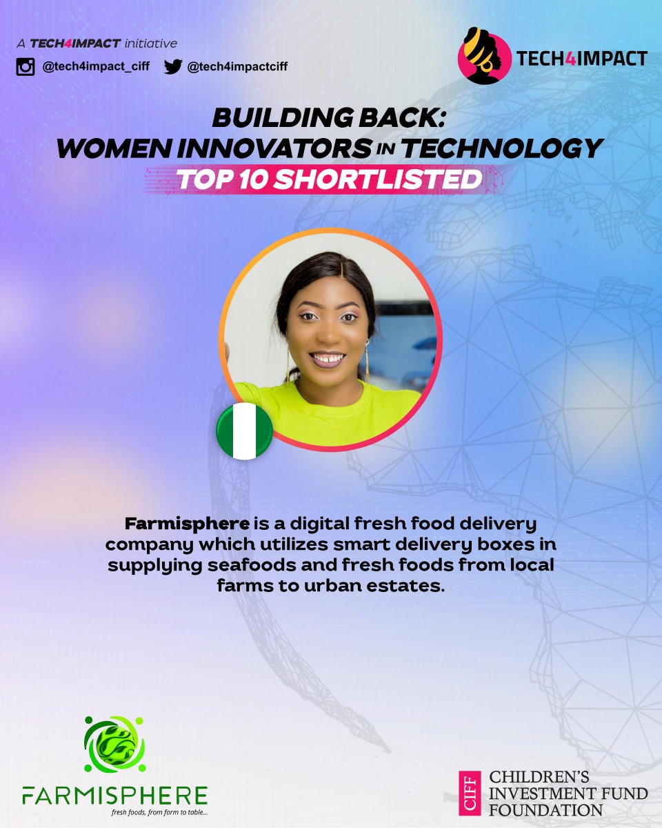 Tech4impactCIFF's tweet photo. Meet one of our top 10 qualifiers from Nigeria, Farmisphere, which is a Digital fresh food delivery company which utilizes smart delivery boxes in supplying seafood and fresh foods from local farms to urban estates.

Looking forward to growth and interaction with Farmisphere! https://t.co/9QWxzfFZej