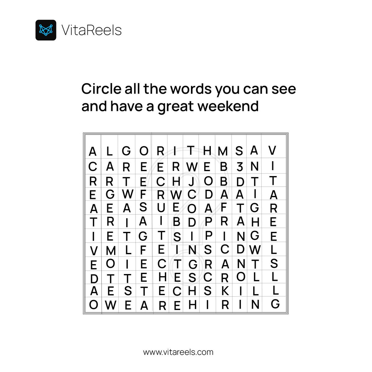 vitareels's tweet photo. It's Friday💃💃
How many words were you able to see. Let us know in the comment section and have a great weekend.
#vitareels #techjobs #recruiters #hiring #weekendpuzzle https://t.co/UeOIuQY3z3