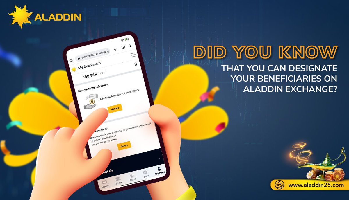 aladdinxchange's tweet photo. #Cryptocurrencies should not be lost due to the incapacitation of the owner.
#AladdinExchange guarantees the management, succession, and control of cryptocurrencies with our Inheritance feature by #designating your #beneficiaries.๐
๐https://t.co/Jqtg70Ww1M
#Aladdin #Crypto https://t.co/zjERiQ52Kw
