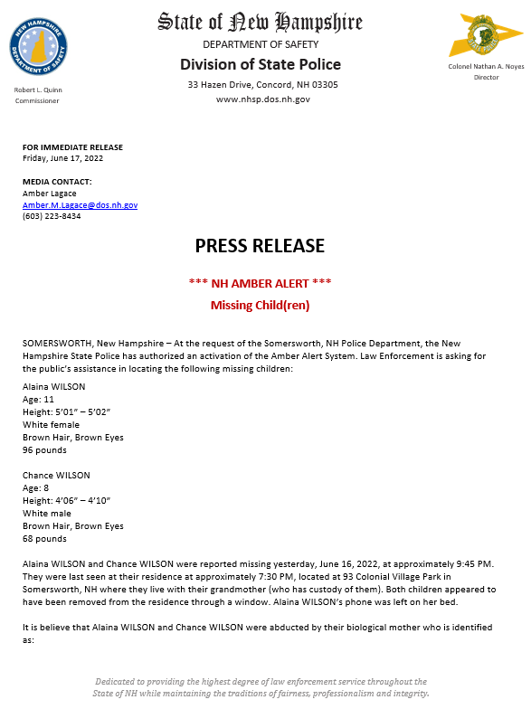NH_StatePolice's tweet photo. *** NH AMBER ALERT ***
Missing Child(ren)

At the request of the Somersworth, NH Police Department, the #NHSP has authorized an activation of the Amber Alert System. Law Enforcement is asking for the public’s assistance in locating the following missing children - Chance &amp; Alaina https://t.co/UNbBsEo8Xa