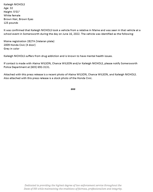 NH_StatePolice's tweet photo. *** NH AMBER ALERT ***
Missing Child(ren)

At the request of the Somersworth, NH Police Department, the #NHSP has authorized an activation of the Amber Alert System. Law Enforcement is asking for the public’s assistance in locating the following missing children - Chance &amp; Alaina https://t.co/UNbBsEo8Xa