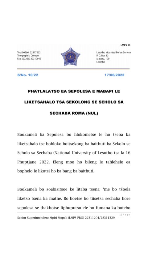 YourKayBol's tweet photo. Lesotho Mounted Police Service (LMPS) has released a statement on the protest at the National University of Lesotho (NUL).
Killings and injuries resulting from police heavy handedness during the unrest at the Roma Campus on Thursday have drawn national attention. https://t.co/Y2sREjvK8g