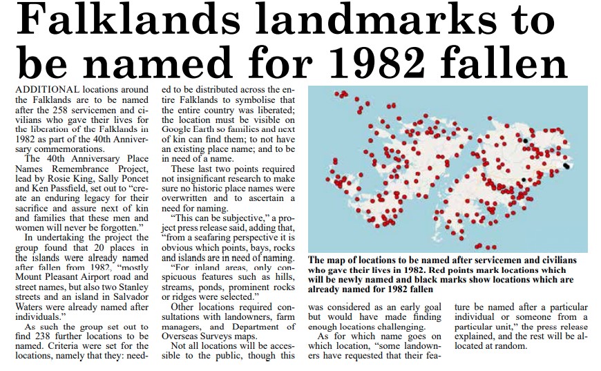 FalklandsinUK's tweet photo. Landmarks across the #FalklandIslands to be named in honour of the 1982 fallen. #Falklands40th #WeWillRememberThem. #Falklands. Article @PenguinNewsFI https://t.co/calrsOUo6m