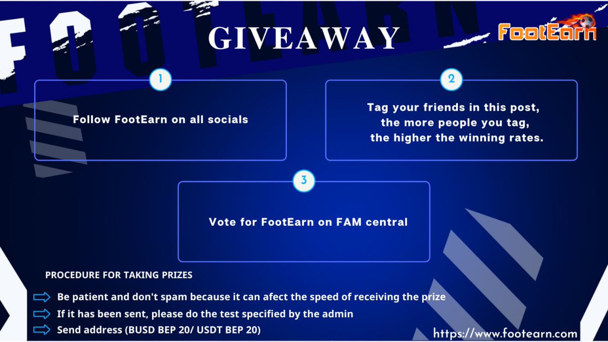 🎁GIVEAWAY 🎁

👉Vote for us in the Fam Central event

👉Play mini-games and be the lucky one to win 20$
Everyone who votes and completes missions in the 
mini-games will have a chance to win a $20 reward from FootEarn.😍
#footearn #football #gamefi #blockchain #nft #giveaway