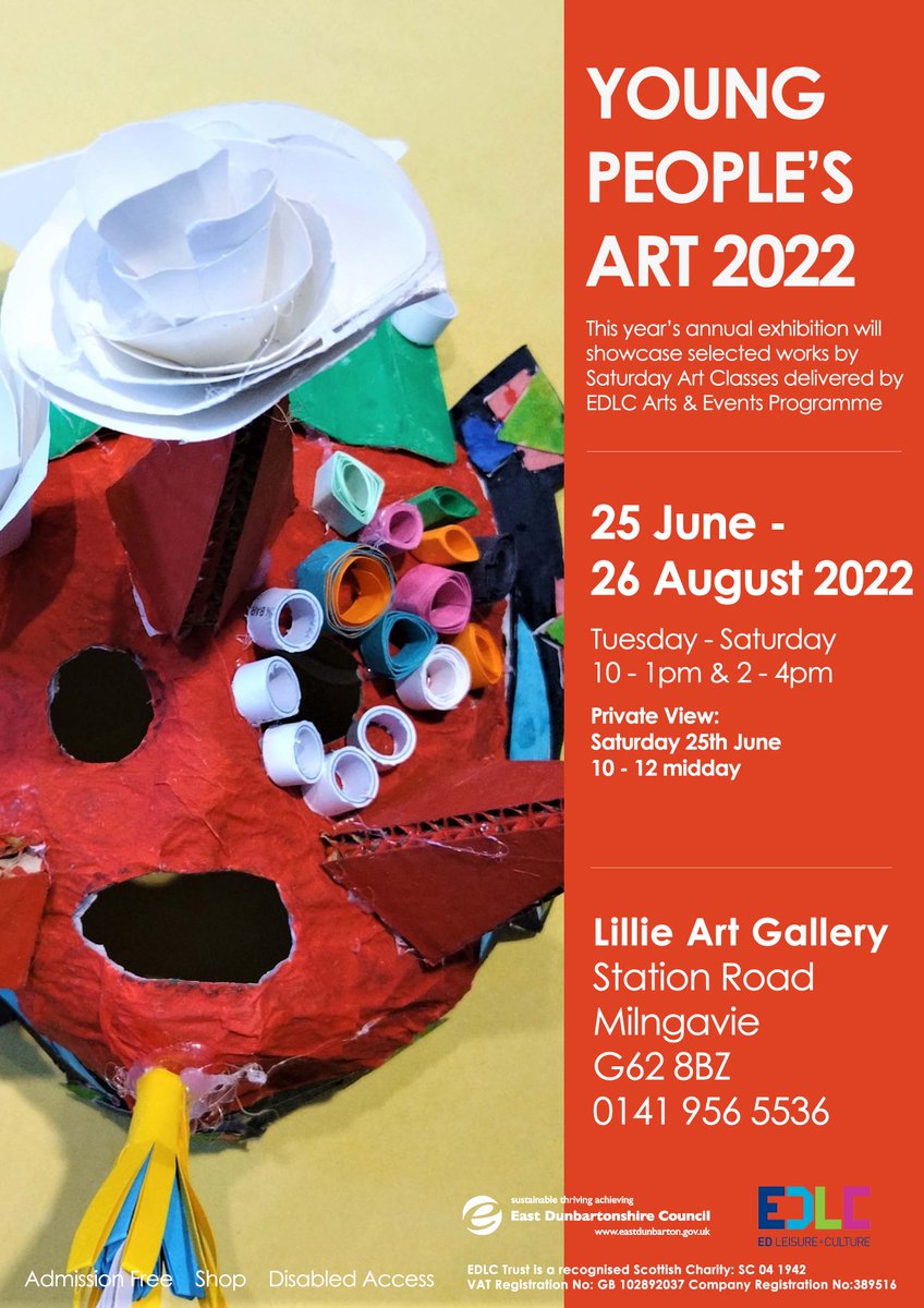 EDLC_Culture's tweet photo. The Young People's Exhibition 2022 is on 25th Jun- 26 Aug at the Lillie Art Gallery. Exploring drawing and painting techniques with some wonderful sculptural pieces.
#EastDunbartonshire #GetCreative #SaturdaysmART #YoungPeoplesArtClasses #Summer https://t.co/LVAncc0dQD