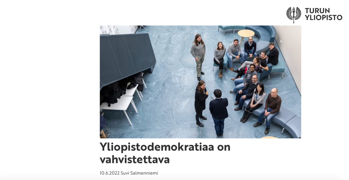 ”Huoli yliopistodemokratiasta on monin tavoin tärkeä ja ajankohtainen,
ja se voidaan asettaa osaksi laajempaa demokratian kriisiä koskevaa kontekstia”, kirjoittaa POLIMAa johtava Suvi Salmenniemi. Lue blogi aiheesta: blogit.utu.fi/utu/2022/06/10…