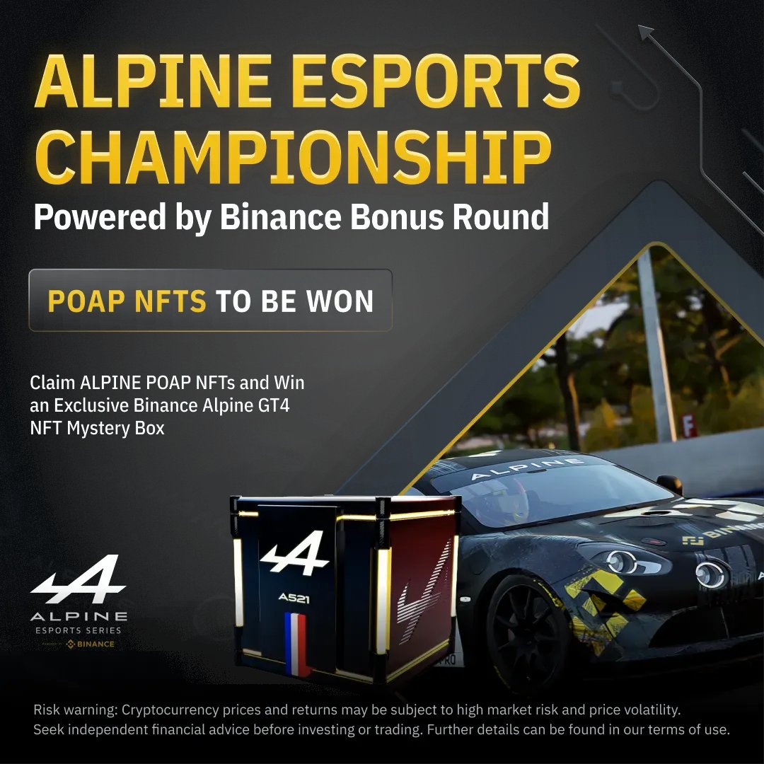 Missed out on POAP NFTs during @AlpineF1Team Esports Series? 🔥 BONUS ROUND today from 3pm (UTC)! 1️⃣ Join the @AlpineRacing Binance Live stream 2️⃣ scan QR code 3️⃣ Claim Alpine GT4 POAP NFTs 4️⃣ Unlock your Mystery Box Watch Here ➡️ bit.ly/3mzocds