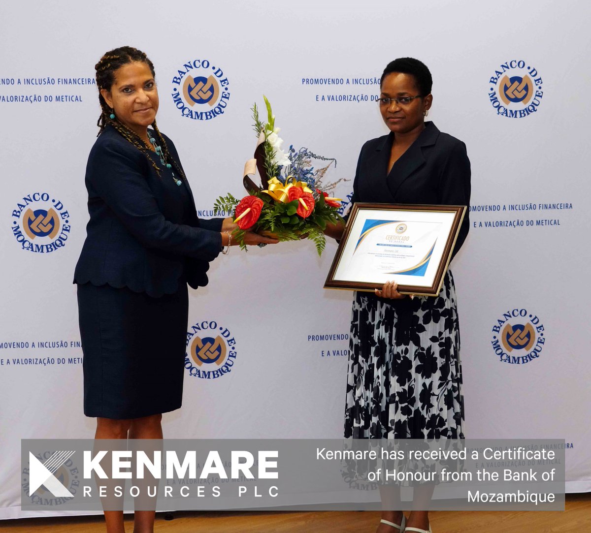 KenmareRes's tweet photo. $KMR has received a Certificate of Honour from the Bank of #Mozambique for the quality and timeliness of our 2021 statistical information. The award was accepted by Adelina da Silva (right). Congratulations to Adelina and the rest of our #finance team! #teamkenmare #mining https://t.co/SnylvBvx0H