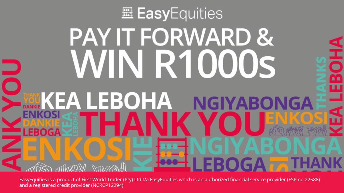 Happy Friday #EasyVSTRs 💥

For next week's live draws, we'll be giving away:
2 x R1000 vouchers
3 x R10 000 vouchers
AND
1 x R100 000 voucher!😱

Stay tuned &amp; keep paying it forward (referring) to WIN🤑
hubs.li/Q01dFJwK0

#PayItForward | #EasyEquities