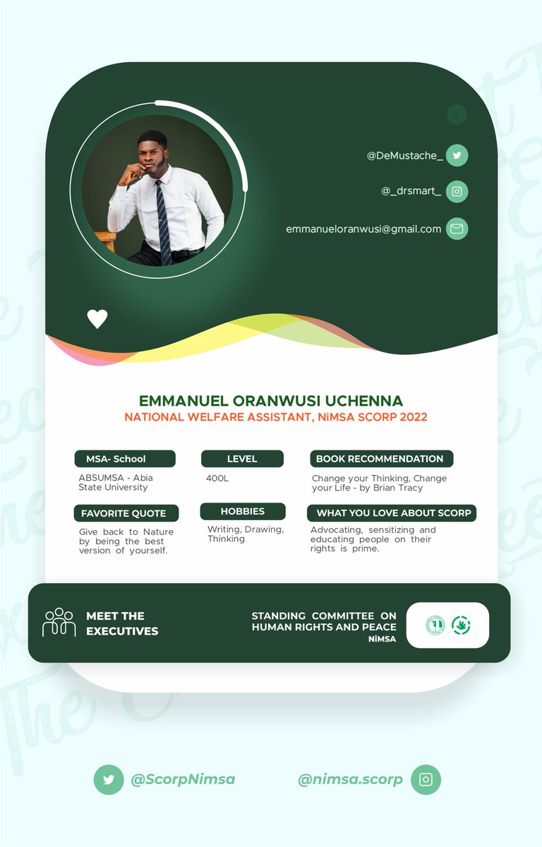 ScorpNimsa's tweet photo. Introducing our NiMSA SCORP Executives💚💚
Meet our National Welfare Assistant: Emmanuel Oranwusi Uchenna
#knowyourexecutives
#NiMSASCORP https://t.co/kQB2h6PcZt