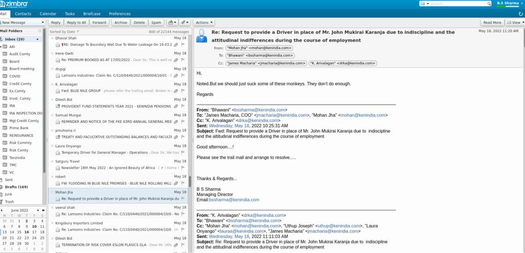 Unbelievable, A manager named Jha Mohan at Kenindia Assurance Company calls his employees 'monkeys' in a leaked email. Wow! And he is a Muhindi calling black Africans Monkeys. The same workers he had kept on contract for 6yrs. Treating workers as slaves?UNACCEPTABLE! <a href="/AtwoliDza/">Francis Atwoli NOM (DZA), CBS, EBS, MBS.</a>.
