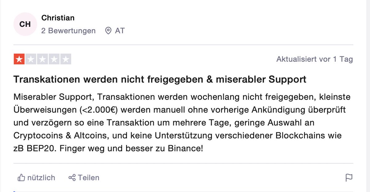 Kunde_User's tweet photo. Bitpanda scheint Transaktionen willkürlich zu sperren und behält Gelder von Kunden ein. Wollen Sie sich vielleicht dazu äussern?
@bitpanda @eric_demuth @TwinWinNerD @Christian5R

#Bitpanda #BitpandaScam #Bitcoin #BitcoinCrash  #Cryptos #SCAM #ETH #trustpilot https://t.co/mqFdoglTQB