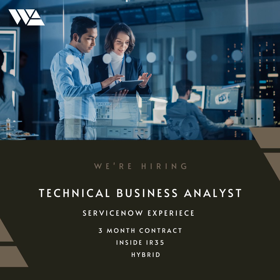 WA Consultants (@waconsultants) on Twitter photo 📈 TECHNICAL BUSINESS ANALYST📉
SERVICENOW EXPERIENCE
3 MONTH CONTRACT
INSIDE IR35
HYBRID ROLE
📩 aw@waconsultants.com
📞 01392 666060/ 07881 340448
🖱 Alexander Wilson 📈 TECHNICAL BUSINESS ANALYST📉
SERVICENOW EXPERIENCE
3 MONTH CONTRACT
INSIDE IR35
HYBRID ROLE
📩 aw@waconsultants.com
📞 01392 666060/ 07881 340448
🖱 Alexander Wilson