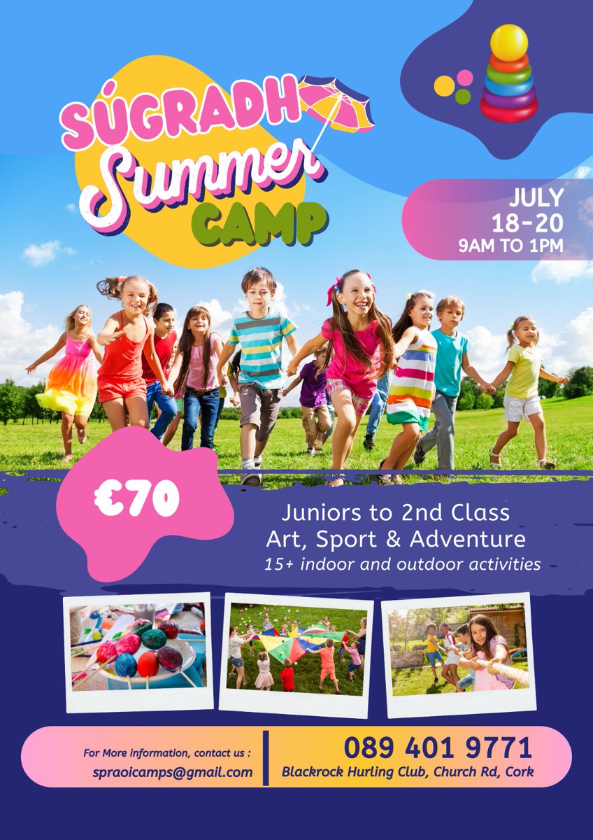 Súgradh Summer Camp

Súgradh Summer Camp at the Rockies. 3 days of art, play, creativity and sport. For school age children from junior infants to 2nd class.

Blackrock Hurling Club
Date: Camp 1 July 18th to 20th  &amp; Camp 2 August 15th to 17th