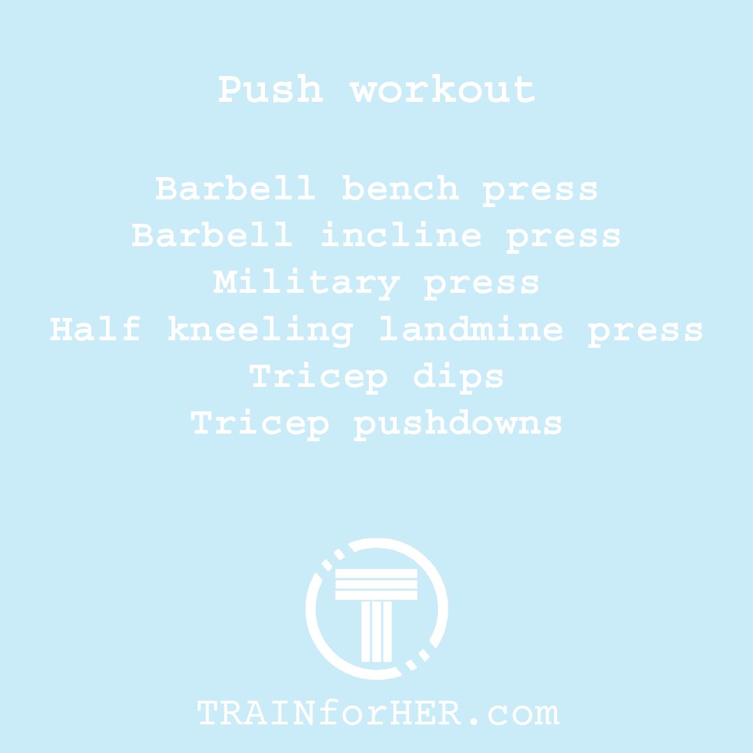 TRAINforHER's tweet photo. Push workout π
Push yourself for 4 rounds x 12 reps of each exercise and prepare to get a gooood sweat on!
1. Barbell bench press
2. Barbell incline press
3. Military press
4. Half kneeling landmine press
5. Tricep dips
6. Tricep pushdowns
#pushworkout #pushexercises #wod https://t.co/aCbqzsZpNT