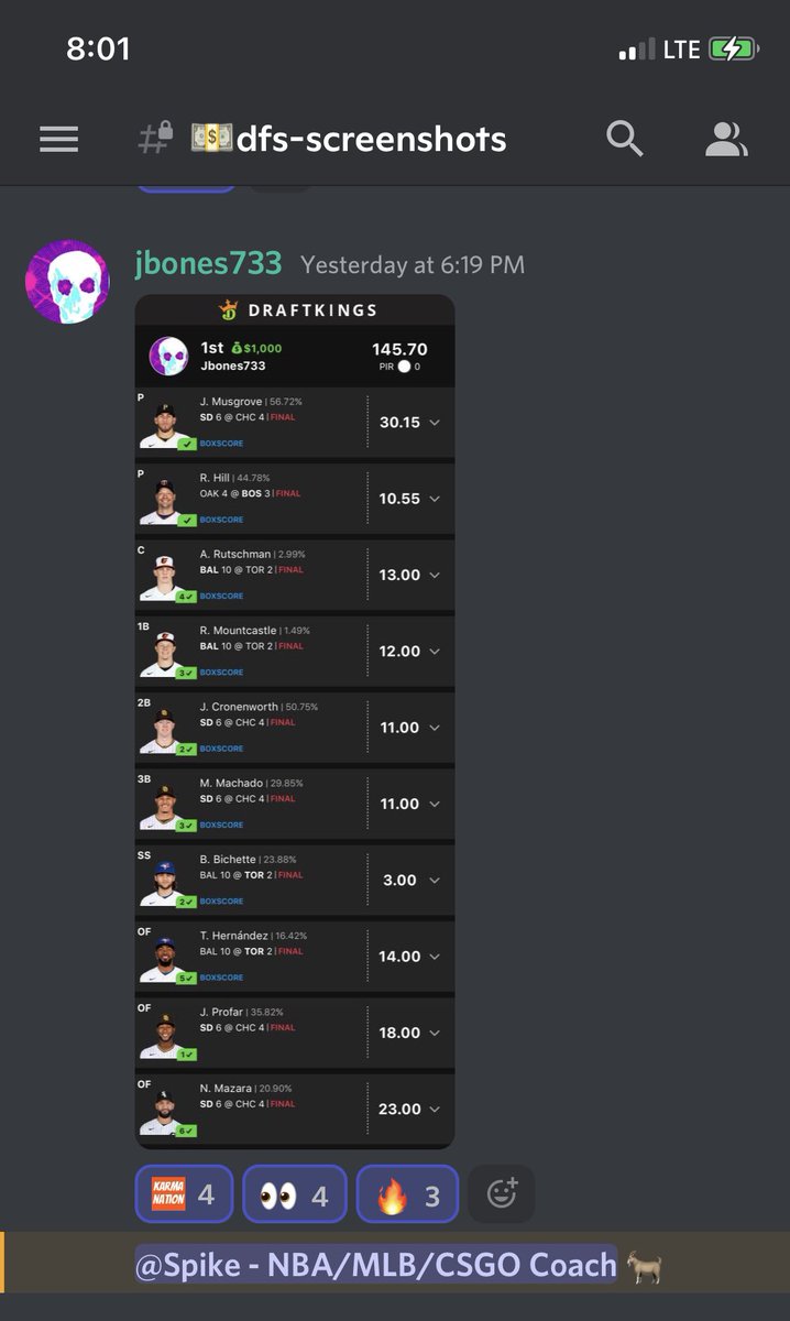 spikedprops's tweet photo. Love seeing the subscribers taking down and getting that green off my core plays!!! Thereโs plenty of season left for yโall to join in on it!! @DFS_Karma #mlbdfs #dfskarma #coreplays #karmanation ๐ฅ๐ฅ๐ฅ๐ฅ๐ฅ๐ฅ https://t.co/UZKXwP4nIN