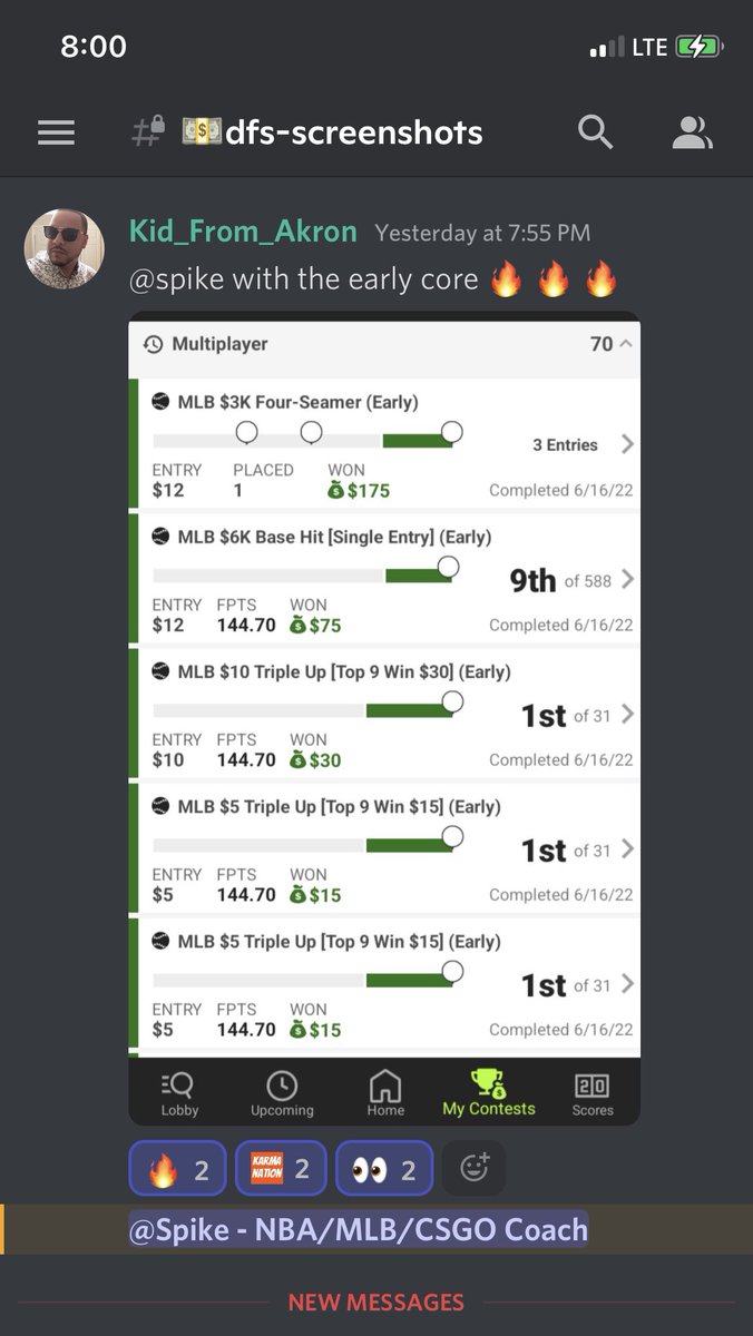 spikedprops's tweet photo. Love seeing the subscribers taking down and getting that green off my core plays!!! Thereโs plenty of season left for yโall to join in on it!! @DFS_Karma #mlbdfs #dfskarma #coreplays #karmanation ๐ฅ๐ฅ๐ฅ๐ฅ๐ฅ๐ฅ https://t.co/UZKXwP4nIN