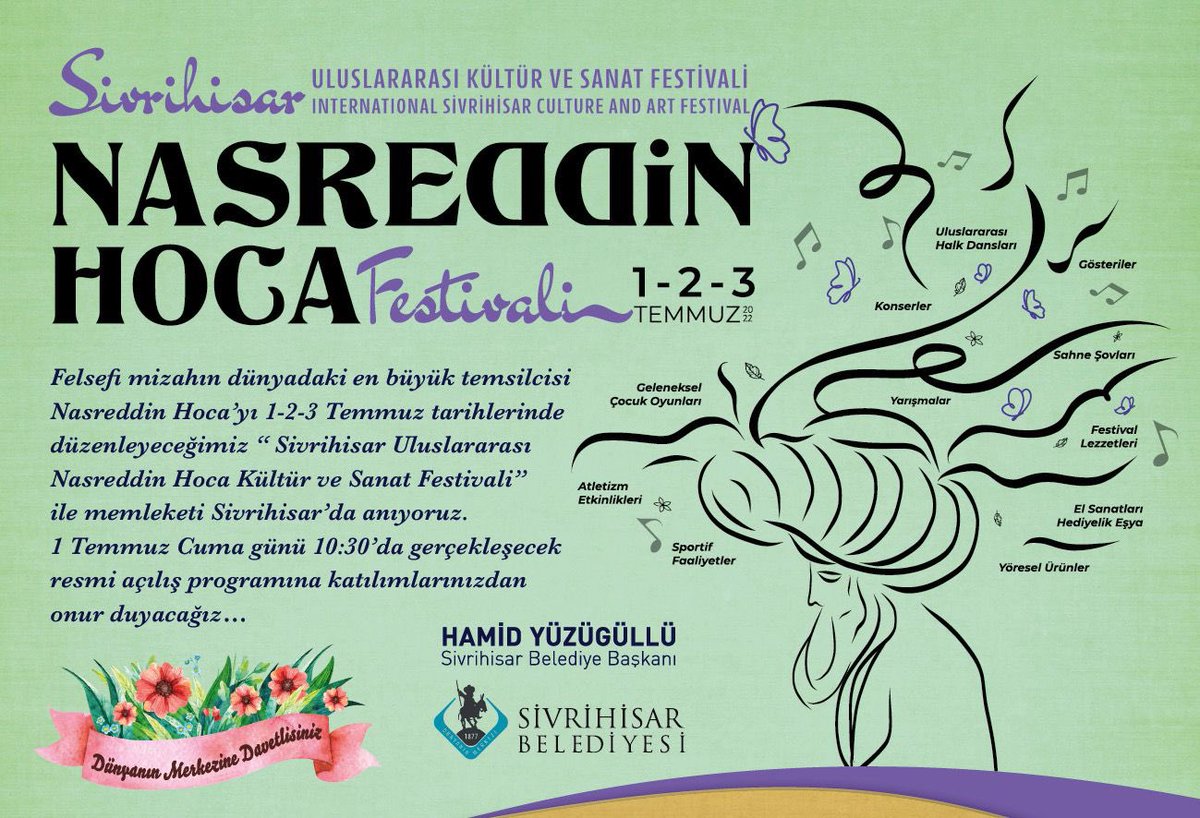 DÜNYANIN MERKEZİ SİVRİHİSAR’DA FESTİVAL ZAMANI ! 
1-2-3 TEMMUZ Sivrihisar Uluslararası Nasreddin Hoca Kültür ve Sanat Festivali 2022
#Sivrihisar⛰🌍
#DünyanınMerkezindeBuluşuyoruz🌍
#NasreddinHocaFest2022

#HamidYüzügüllü
#SivrihisarBelediyeBaşkanı