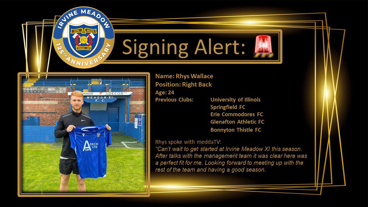 Medda1897's tweet photo. New signing alert: ✍🏻 #rocket 

The Medda Footballing Family would like to welcome ‘Rhys Wallace’ to our famous club…

#meddaTV will catch up with Rhys once Pre-Season gets underway…

A club for the whole community…”

🔵 #irvinemeadowXI
⚪️ #imXI #medda
🔵 #meddaminded https://t.co/tqthqQjhab