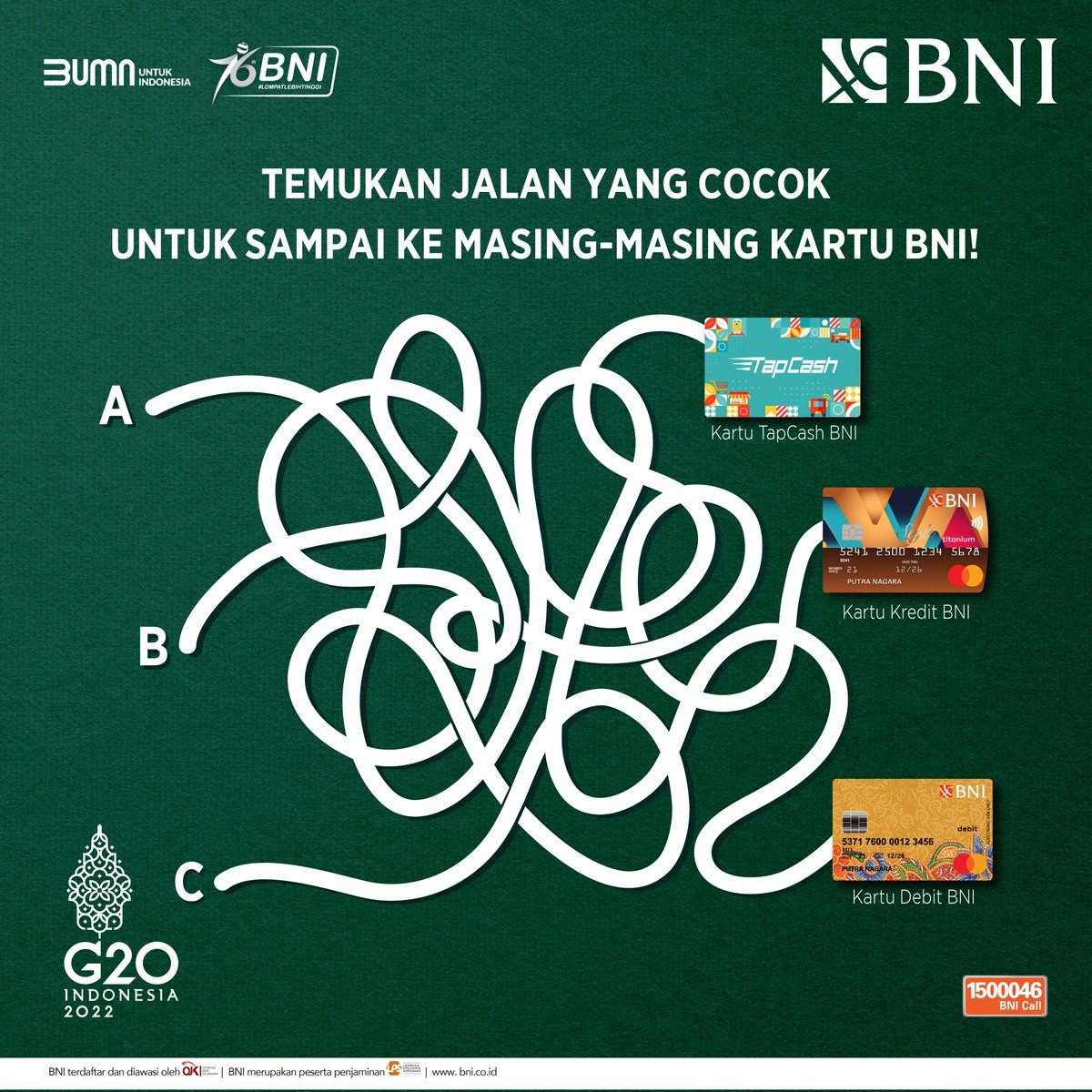 BNI's tweet photo. HADIAH TOTAL 1 JUTA DATENG LAGI!🥳

Yuk, bantu kita cocokin masing-masing jalan yang kusut biar bisa sampe ke kartu yang ada di ujung. Kalo udah ketemu, sebutin masing-masing nama jalan dan kartu yang jadi pasangannya yaa. Jangan lupa sertain #BNIQuiz dan retweet tweet ini https://t.co/eKnnMWzr8p