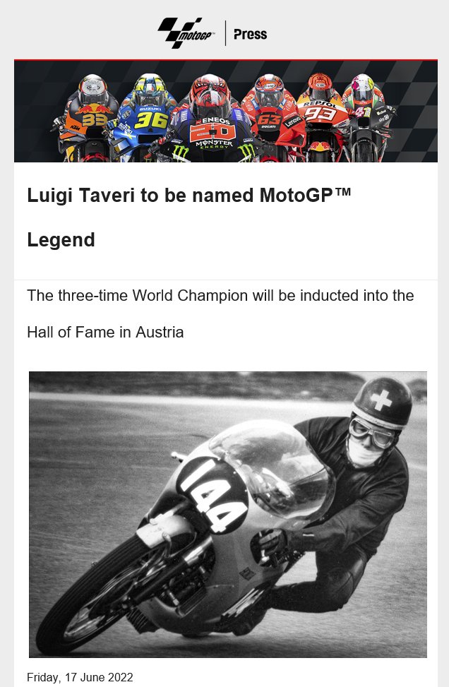 marco_felder's tweet photo. Grosse Ehre, wem grosse Ehre gebührt! Der dreifache 125er-Weltmeister Luigi Taveri wird in die "MotoGP Legens Hall of Fame" aufgenommen. Die Zeremonie findet Mitte August im Rahmen des Grossen Preises von Österreich in Spielberg statt. @srfsport #srfgp #motogp https://t.co/XFR1B1C0DU
