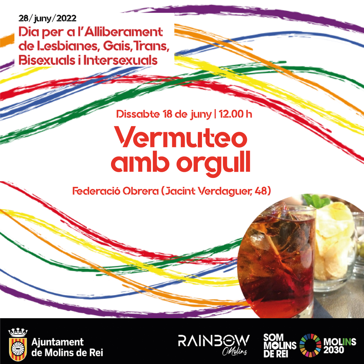 🏳️🌈 Seguim amb les activitats per commemorar el mes de l'Orgull! 
Demà al migdia, vine a la Federació Obrera a fer el vermut amb nosaltres i <a href="/rainbowmolins/">RAINBOW MOLINS</a>!

📆 Dissabte 18 juny
🕛 12 h
📍 Federació Obrera

T'hi esperem!