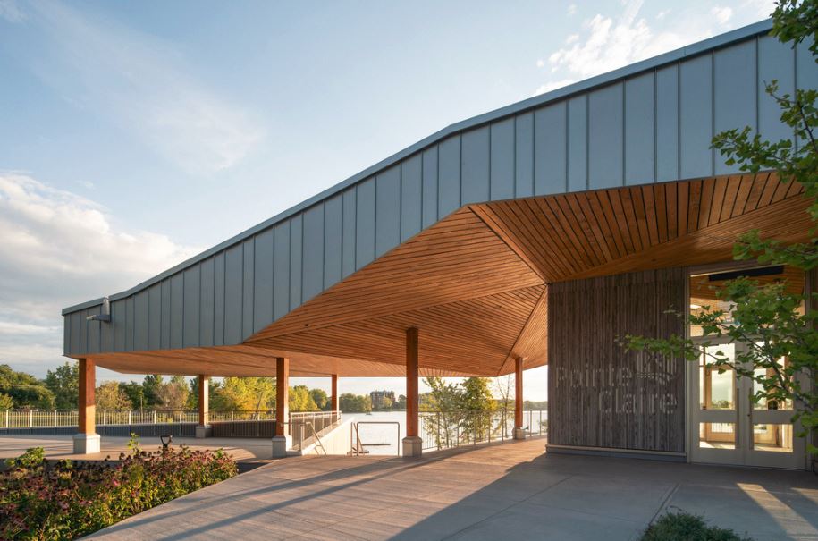 Inspired by the geological stratification of the site, the project reflects the surrounding landscape. The angled roof is reminiscent of a tree canopy, &amp; the #wood cladding embodies the rhythm of tree trunks in a wooden area. bit.ly/3b4gqWo @v2com_newswire #architecture