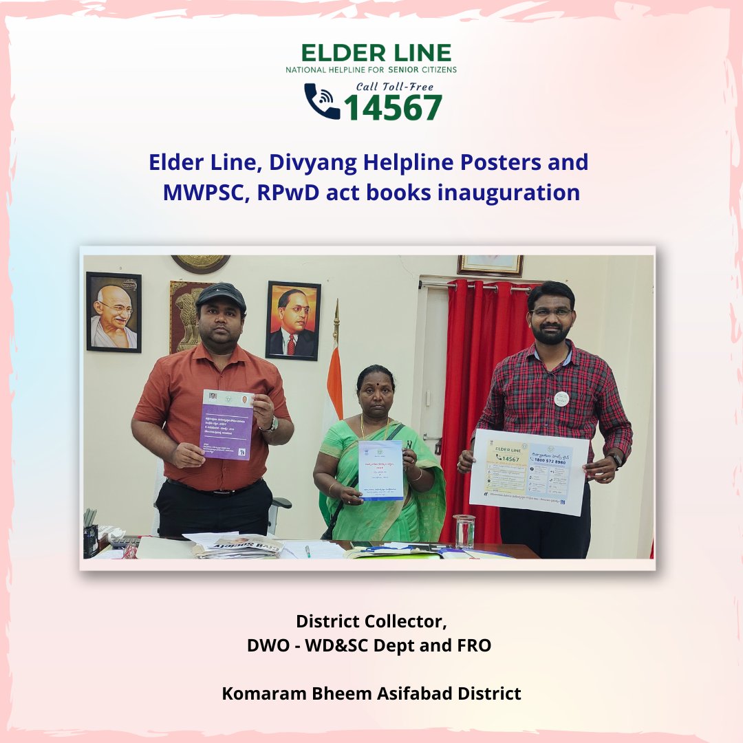 TS_Elderline's tweet photo. District Collector, DWO and FRO launched Elder Line, Divyang Helpline Posters and MWPSC, RPwD act books in Asifabad District. 
#StopElderAbuse
#SpreadLove
#NationalHelplineForSeniorCitizens
#ElderLine14567
#avoiceforseniorcitizens
#telanganagovernment #socialjustice #asifabad https://t.co/K3xKVPLkEb