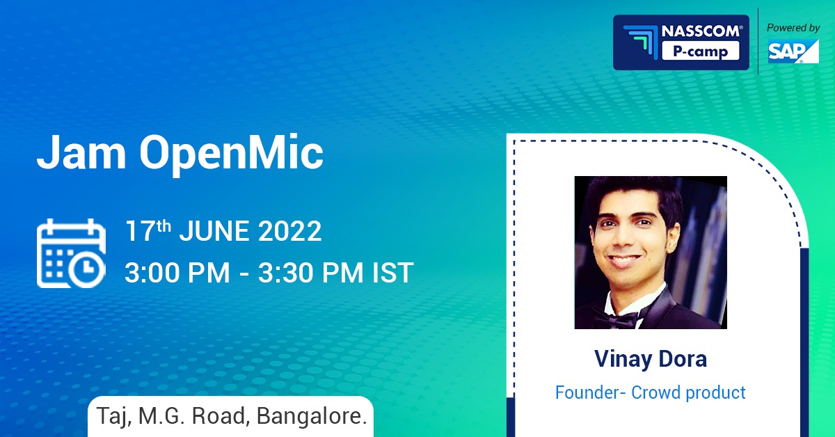 nasscomdeeptech's tweet photo. The much-awaited @nasscom ProductSkills P-camp, kick starts this afternoon with a 'JAM OpenMic' session. Incredible Vinay Dora @2catch22 (Founder - @crowdproduct) will head the session!
#PCamp #50KPM #Productmanagement #WorldClassFromIndia https://t.co/Qj3Ee8GjPs