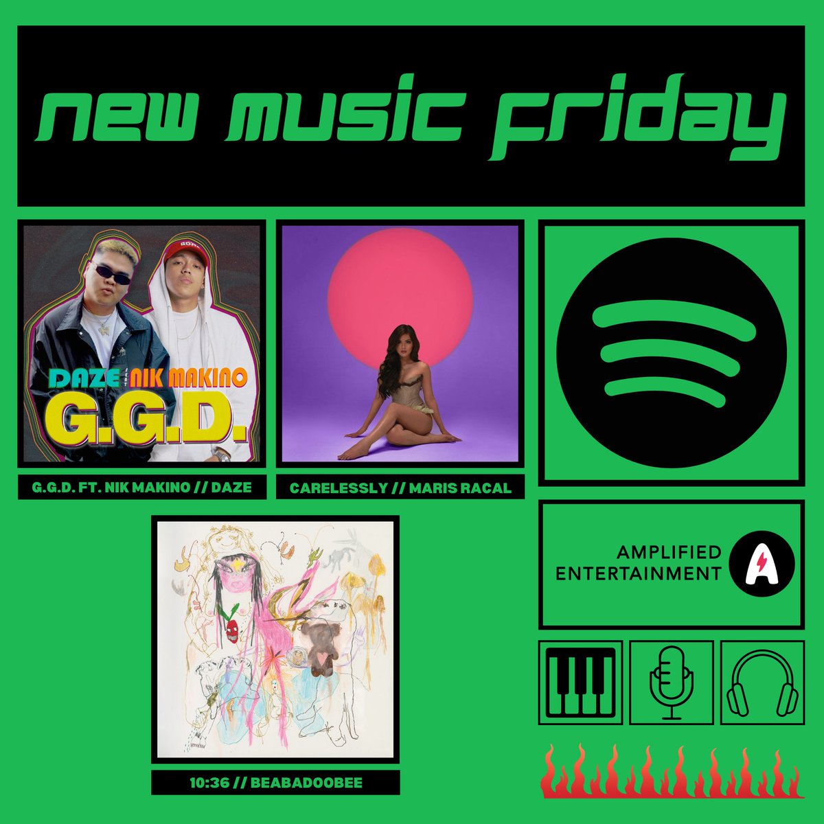 amplifiedentph's tweet photo. Get the good kind of high with this week's @Spotify_PH New Music Friday as three of our artists make it to the list!

"G.G.D." featuring Nik Makino by @dazemusicph
"Carelessly" by @MissMarisRacal 
"10:36" by @beabad00bee https://t.co/GdAIzHxFLZ