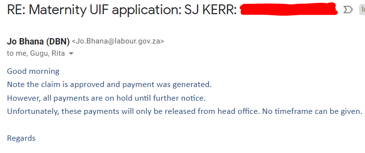 SpencerRaeKerr's tweet photo. @carteblanchetv @wendyknowler @Our_DA @CyrilRamaphosa  shortly after confirmation that my wife's UIF maternity pay had been processed and we could expect payment in a week, we received the below email. What's going on!? https://t.co/GadEGqzkh1