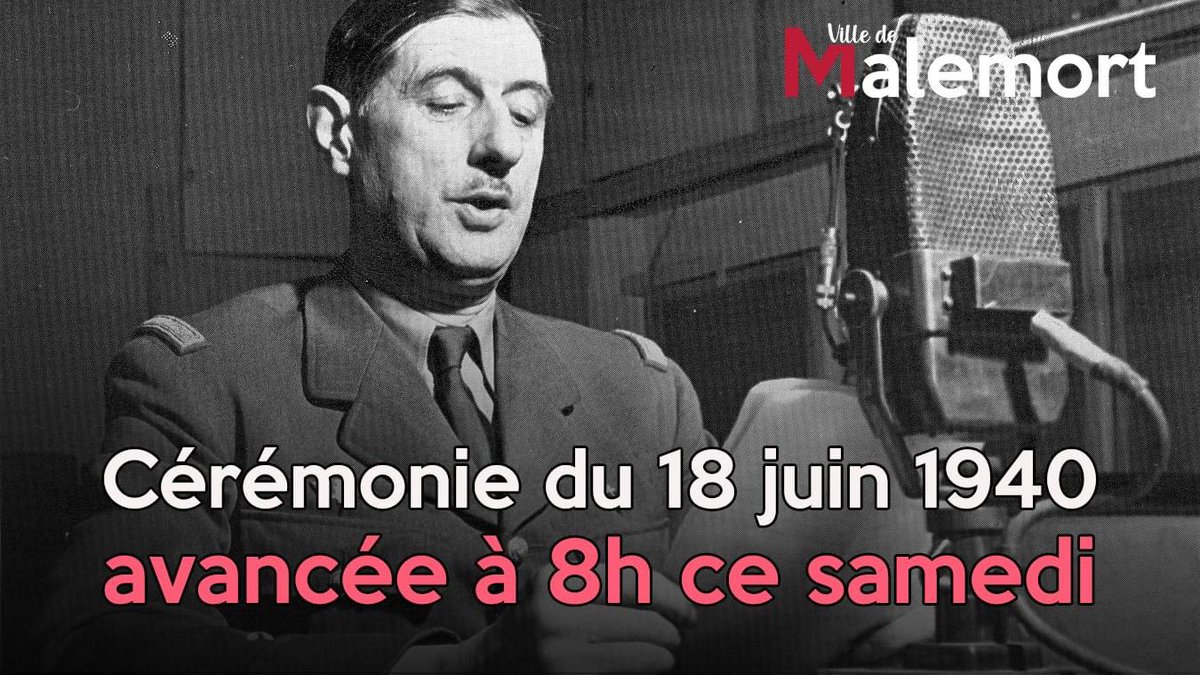 📣 I Modification horaire de la cérémonie du 18 juin 1940 I 🇫🇷
🕖 Suite au passage du Département en vigilance orange Canicule, la cérémonie initialement prévue à 17h00, se déroulera samedi à 8h00, au Monument aux Morts de #Malemort.