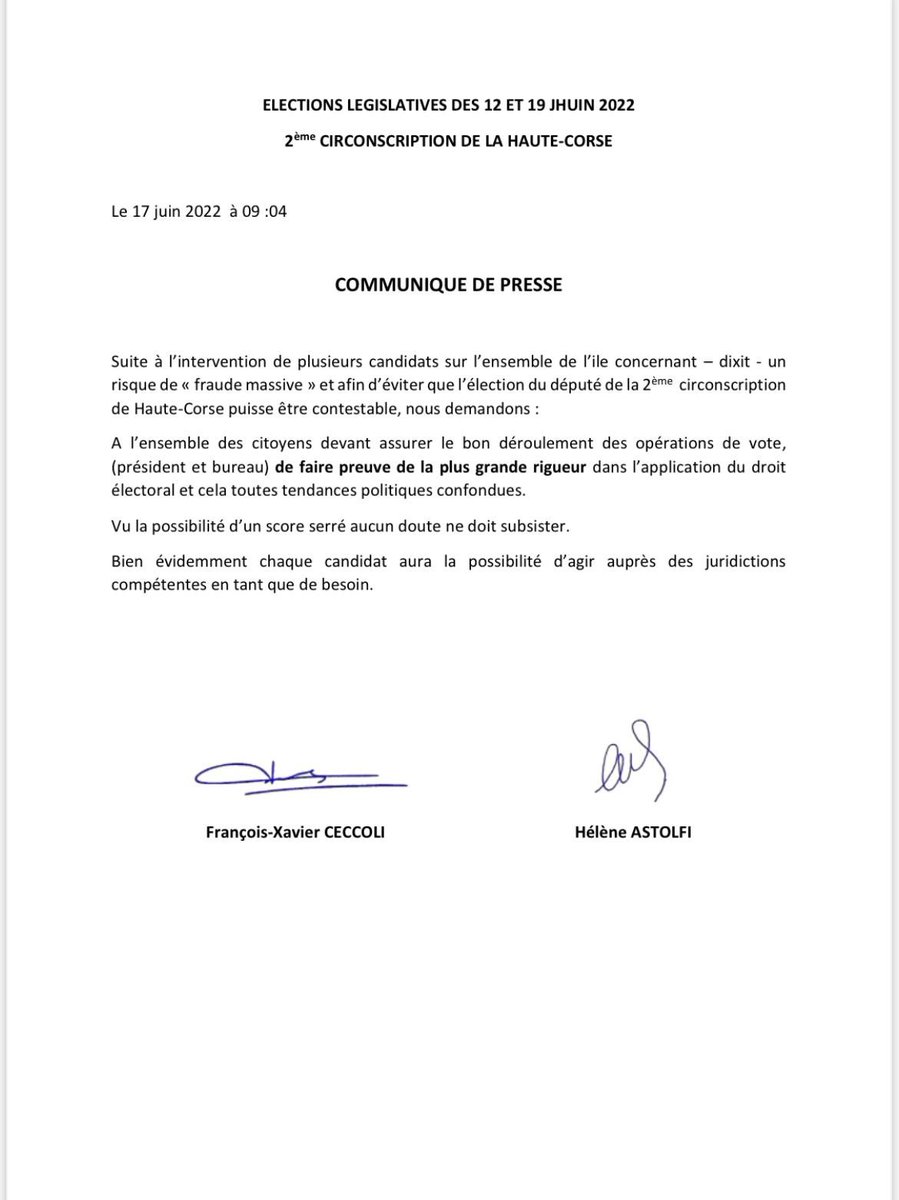 FTViaStella's tweet image. Législatives 2022 : face à un risque de "fraude massive" selon plusieurs candidats en Corse, François-Xavier Ceccoli, en lice dans la 2e circonscription de Haute-Corse, demande "aux citoyens assurant le bon déroulement des votes de faire preuve de la plus grande rigueur"