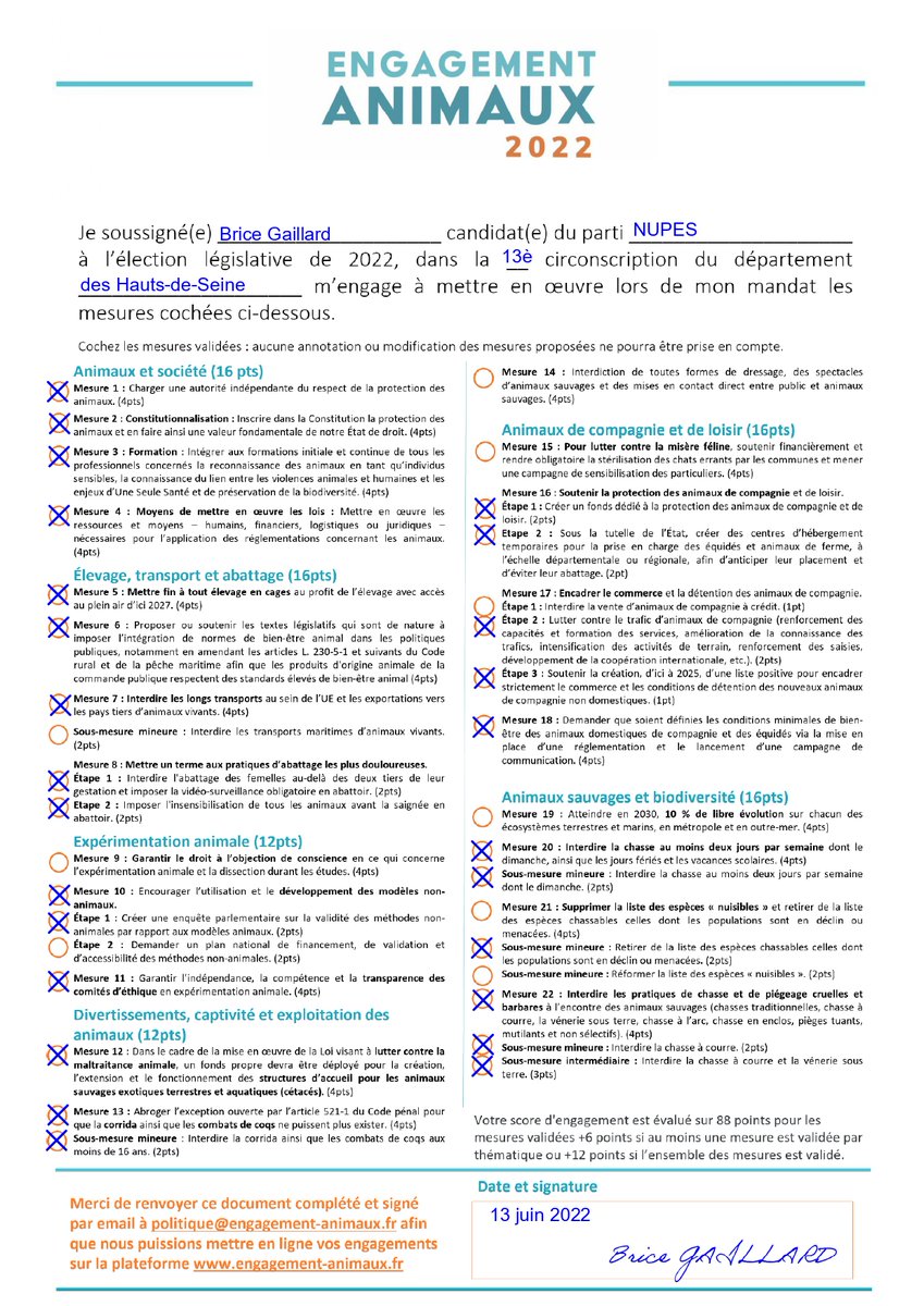 [Engagement]

📃 J'ai complété et signé la charte 'Engagement Animaux 2022' (@Animaux2022). 🖊️

 🗣️ « Le véritable test moral de l’humanité, ce sont ses relations avec ceux qui sont à sa merci : les animaux ». (Milan Kundera).

#Circo9213 #NUPES #legislatives2022