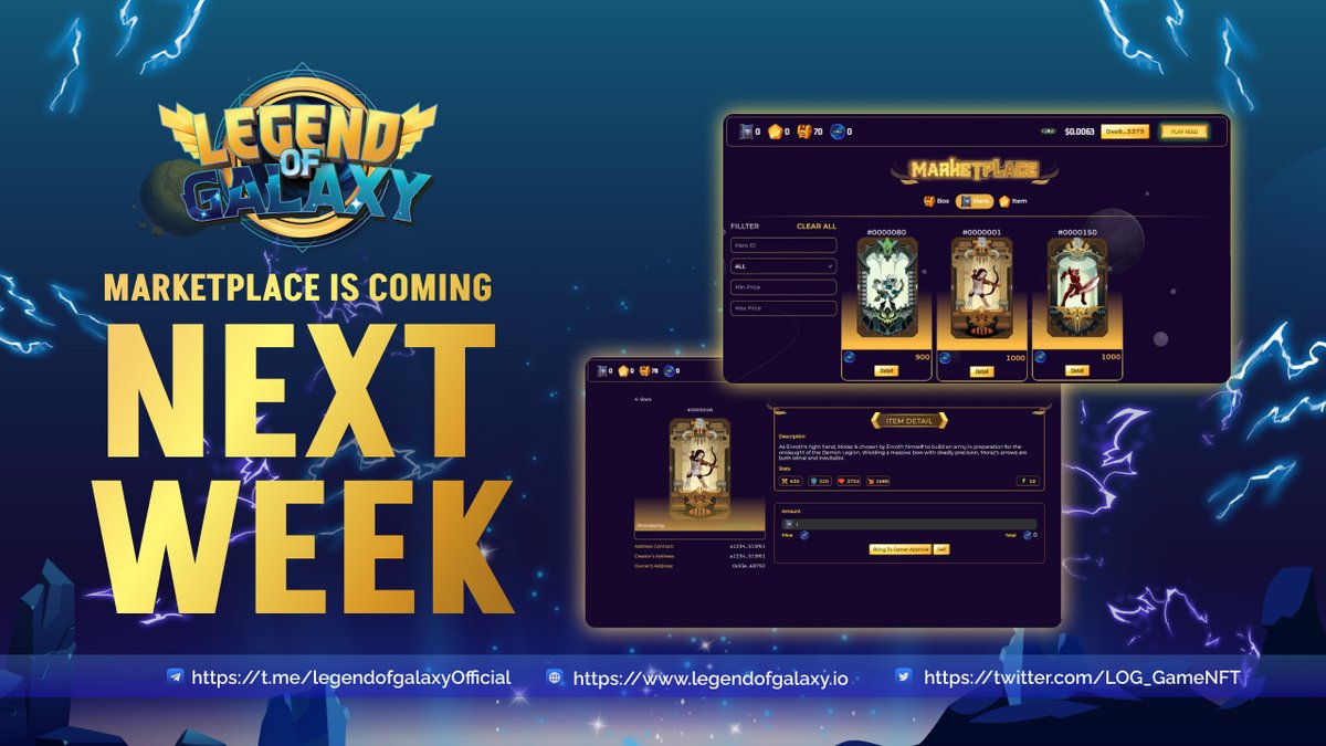 💎 Care for trading your #NFTs?
🔥 The wait is over, LoG Marketplace will be launched next week.

👉 Stay tuned for specific time announcement.

#LoG #NFT #Blockchain #P2E