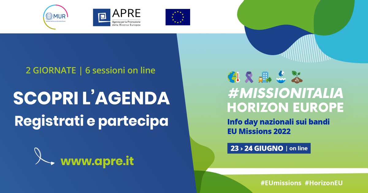 APRE (@apre_it) on Twitter photo ๐
#MISSIONITALIA 23-24 giugno | Tutto quello che devi sapere sui bandi aperti EU Missions 2022
โ ๐ฆ๐๐ข๐ฃ๐ฅ๐ ๐'๐๐๐๐ก๐๐ ๐ ๐ฃ๐๐ฅ๐ง๐๐๐๐ฃ๐ โ
๐ฌ #MissionCancer
๐#MissionOcean
๐#MissionClimate
๐ #MissionCities
๐ฑ#MissionSoil
๐ bit.ly/MissionItalia ๐
#MISSIONITALIA 23-24 giugno | Tutto quello che devi sapere sui bandi aperti EU Missions 2022
โ ๐ฆ๐๐ข๐ฃ๐ฅ๐ ๐'๐๐๐๐ก๐๐ ๐ ๐ฃ๐๐ฅ๐ง๐๐๐๐ฃ๐ โ
๐ฌ #MissionCancer
๐#MissionOcean
๐#MissionClimate
๐ #MissionCities
๐ฑ#MissionSoil
๐ bit.ly/MissionItalia