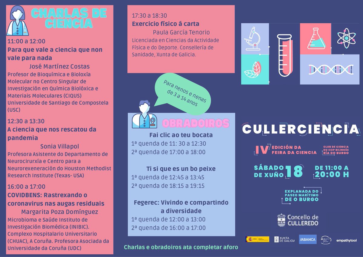 Ven a visitar a 👩‍🔬 IV Feira da Ciencia 'Cullerciencia' mañá, 18 de xuño, de 🕒 11:00 a 20:00h na explanada do paseo marítimo do Burgo!

Achégate a gozar das numerosas🧪 charlas, exposicións, obradoiros e postos!

🔗 bit.ly/3OlJ4jU