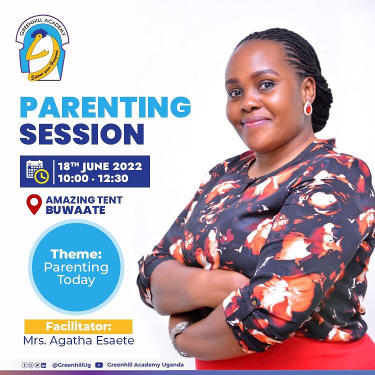 GreenhillUg's tweet photo. Please join us for our #ParentingSession facilitated by Mrs. Barbra Esaete at Buwaate tomorrow Sat 18th June.
Recent research has shown that parental involvement is one of the most important factors in a student’s academic achievement. See poster for details. #GreenhillSchools https://t.co/3u1dt0e92U