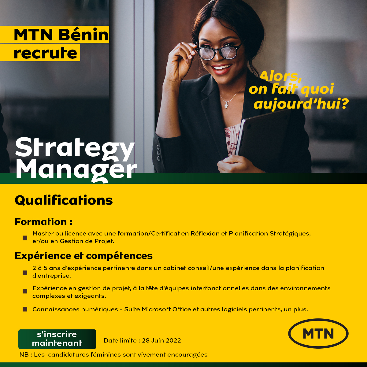 Y'ello la famille ! Nous recrutons.

𝐈𝐧𝐭𝐢𝐭𝐮𝐥𝐞́ 𝐝𝐮 𝐩𝐨𝐬𝐭𝐞 : Strategy Manager
𝐋𝐢𝐞𝐮 𝐝𝐞 𝐭𝐫𝐚𝐯𝐚𝐢𝐥 : Benin
𝐃𝐮𝐫𝐞́𝐞 𝐝𝐮 𝐜𝐨𝐧𝐭𝐫𝐚𝐭 : CDI

👉Pour de plus amples informations cliquez ici : bit.ly/3OmHzlA

#MTNRéseauN1 #MTNRéseauN1 #JobAlert