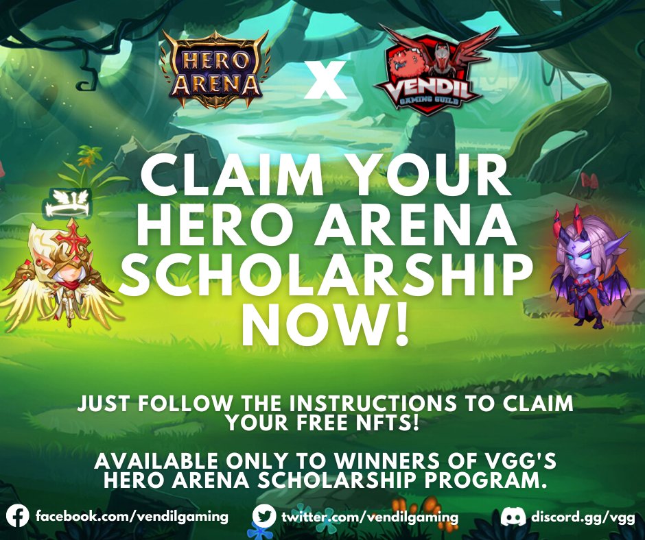 Congratulations to the first @HeroArena_Hera scholars of Vendil Gaming Guild!

Please follow these instructions to claim your FREE #NFTs!:
blog.heroarena.app/news/how-to-cl…

We also sent an email to you to confirm your scholarship.

#playtoearn #P2EGame #BSCGems #PlayToEarnGame 
#FreeMint
