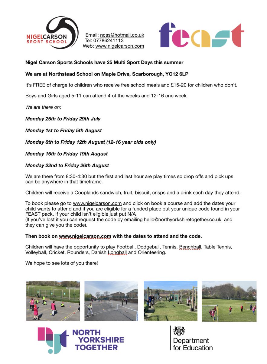 nigelcarson's tweet photo. We are running 5 weeks of Multi Sports at Northstead School this summer which have been very popular with Boys and Girls! Please share this with anyone you think may be interested. https://t.co/UxjXaGjpWJ
