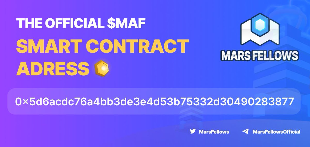 📢 Official Announcement! 

$MAF BEP-20 smart-contract has finally been launched! 🚀

📌ONE and ONLY $MAF contract address:
0x5d6acdc76a4bb3de3e4d53b75332d30490283877

❗️Be aware of scammers❗️

Stay tuned and join #MarsFellows #Metaverse💪