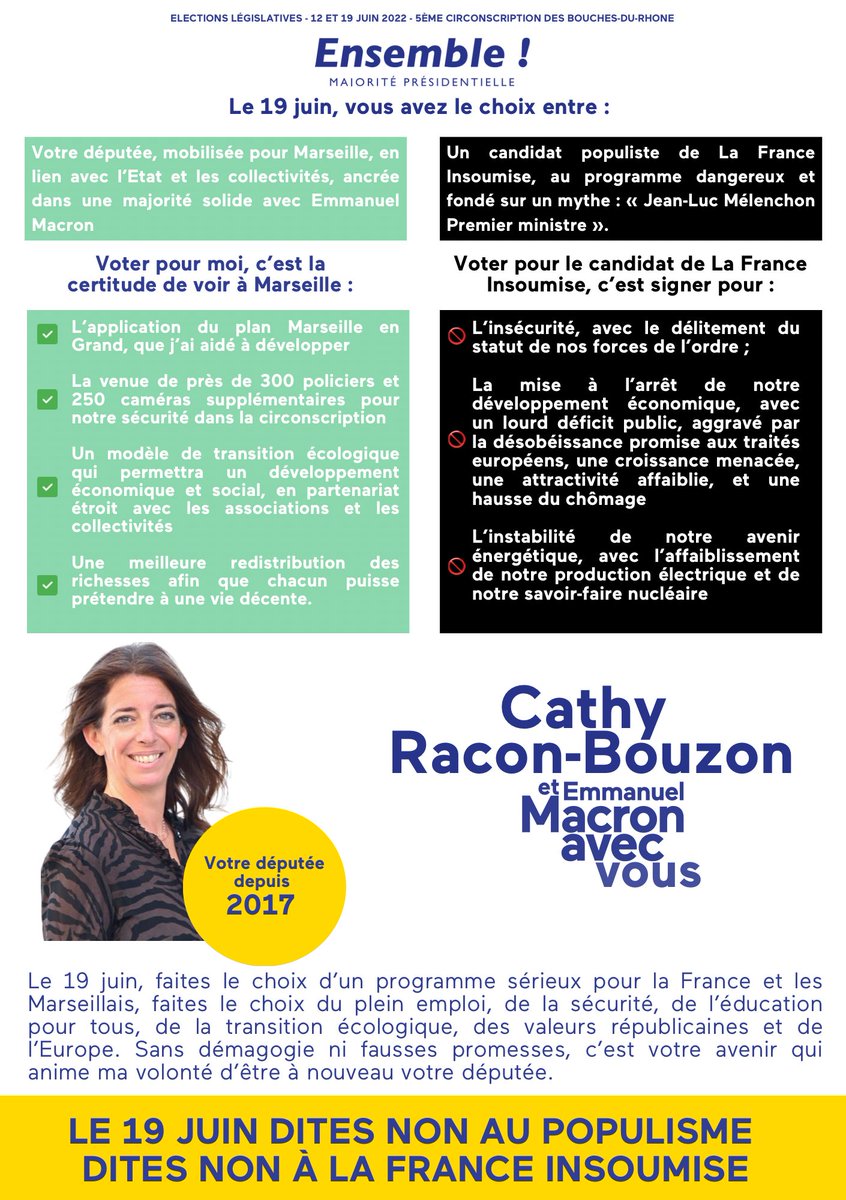 #Ensemble le 19 juin, faites le choix du plein emploi, de la sécurité, de l’éducation pour tous, de la transition écologique, des valeurs républicaines et de l’Europe. Sans démagogie ni fausses promesses, c’est votre avenir qui anime ma volonté d’être à nouveau votre députée.
