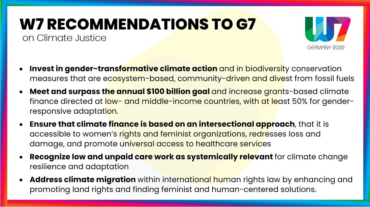 As some of the largest emitter, <a href="/G7/">G7</a> must demonstrate leadership in implementing the Paris Agreement and mobilizing #climatefinance that supports #genderjustice and #humanrights.

<a href="/G7/">G7</a> leaders, listen to #Women7's recommendations on climate justice⬇️ #Timetodeliver #Elmau