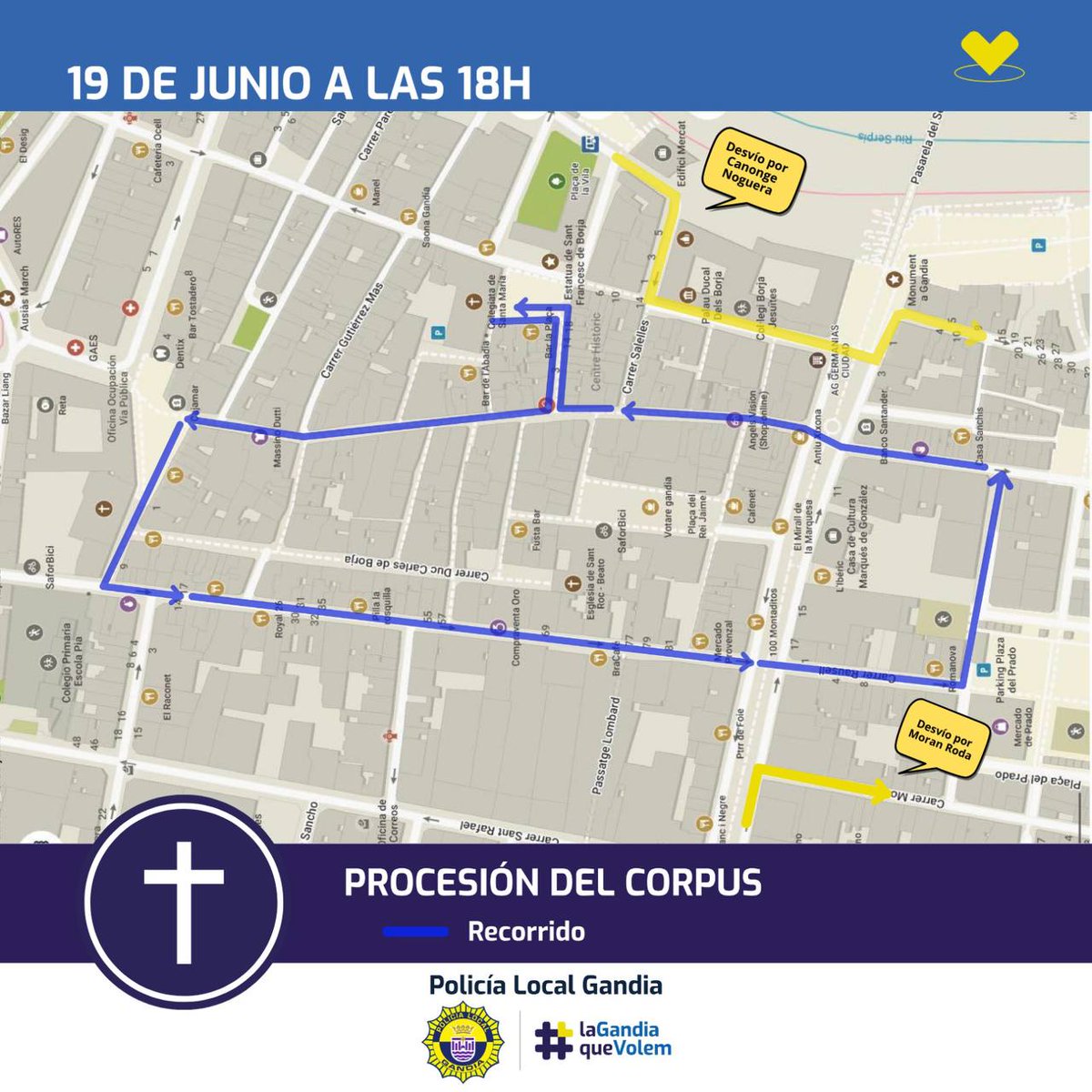 PLGandia's tweet photo. 🕯Aquesta vesprada a partir de les 18:00 tindrem restriccions d'accés al Centre Històric per la Processó del Corpus.
🕢A les 19:30 començaran els balls i a les 20:00 eixirà la procesó.
#LaGandiaqueVolem #Trànsit #PLG #processons https://t.co/yQRic0ssRM