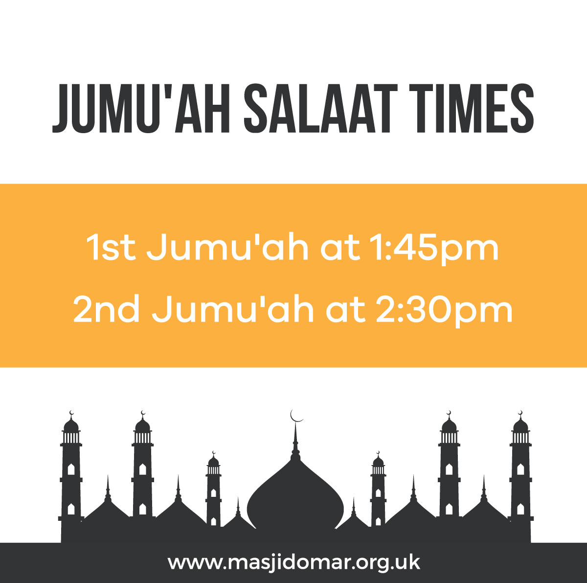 Friday Jumu'ah Salaah Times
masjidomar.org.uk #masjidomar #huddersfield