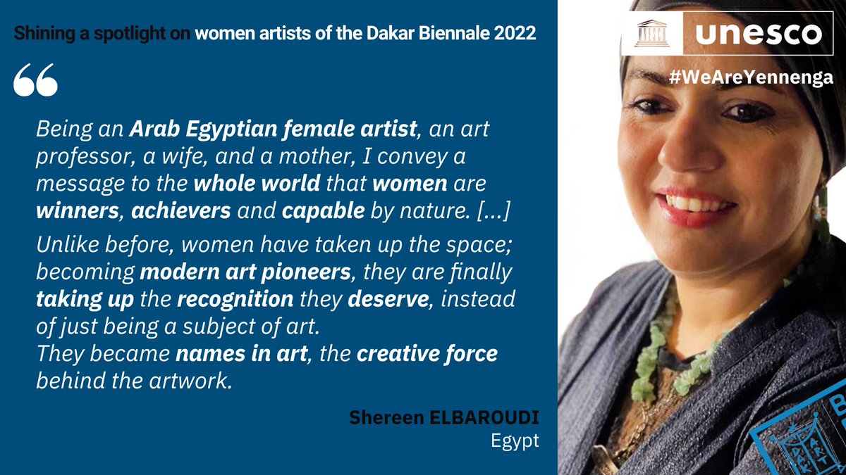 UNESCO_Dakar's tweet photo. 🎨Shining a spotlight on women #artists of the #DakArt2022 - Lumières sur les créatrices de la #BiennaleDeDakar 👩🎤
🖌️Shereen ELBAROUDI #Egypte 🇪🇬 👉 https://t.co/3cy7XvKlqP
📢#Women artists speak out!
Les créatrices prennent la parole !
#WeAreYennenga #INDAFFA #SupportCreativity https://t.co/6JGpOdi5BA