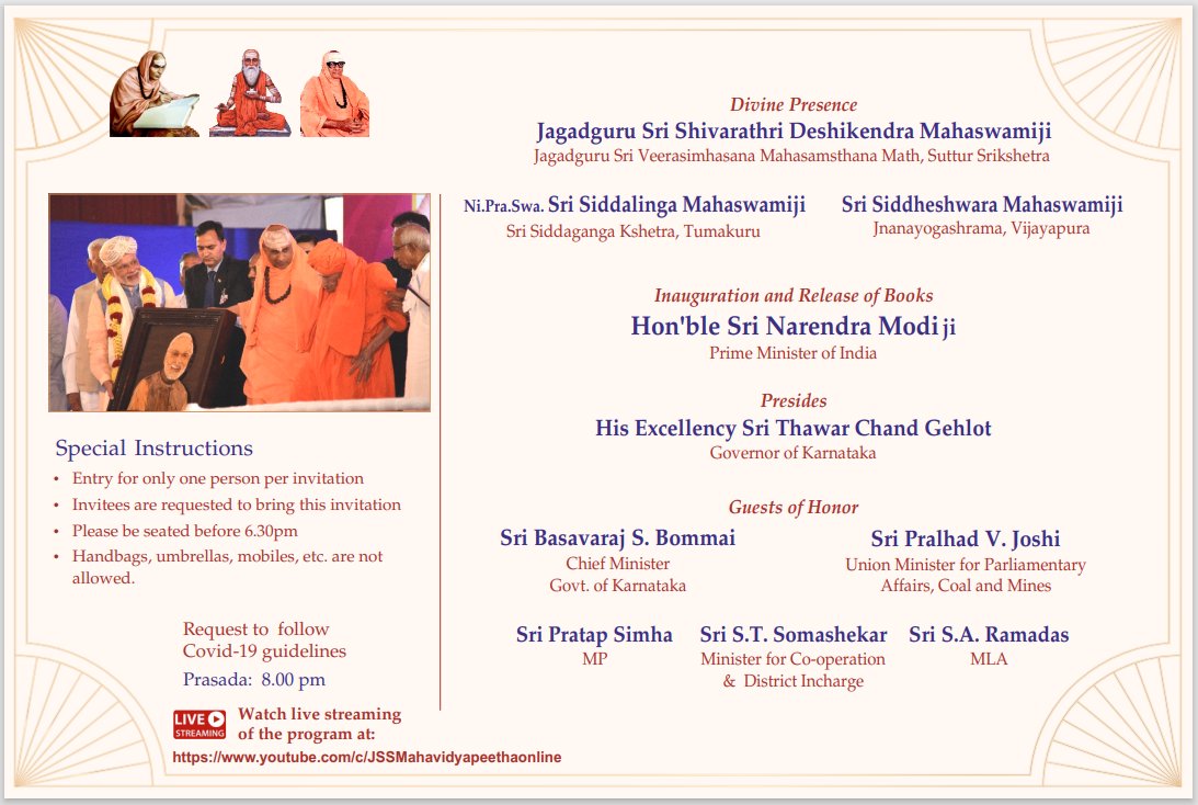 AlumniJss's tweet photo. Inauguration of KSS Sanskrit Pathashala &amp; Hostel Building and Book Release by Hon'ble Prime Minister Sri Narendra Damodardas Modi on 20th June 2022 at 7:30pm. 
All are cordially invited. 
Click on the link to watch online: 
https://t.co/PBW1z2kUmu
@PMOIndia https://t.co/1CuPAj6PLi